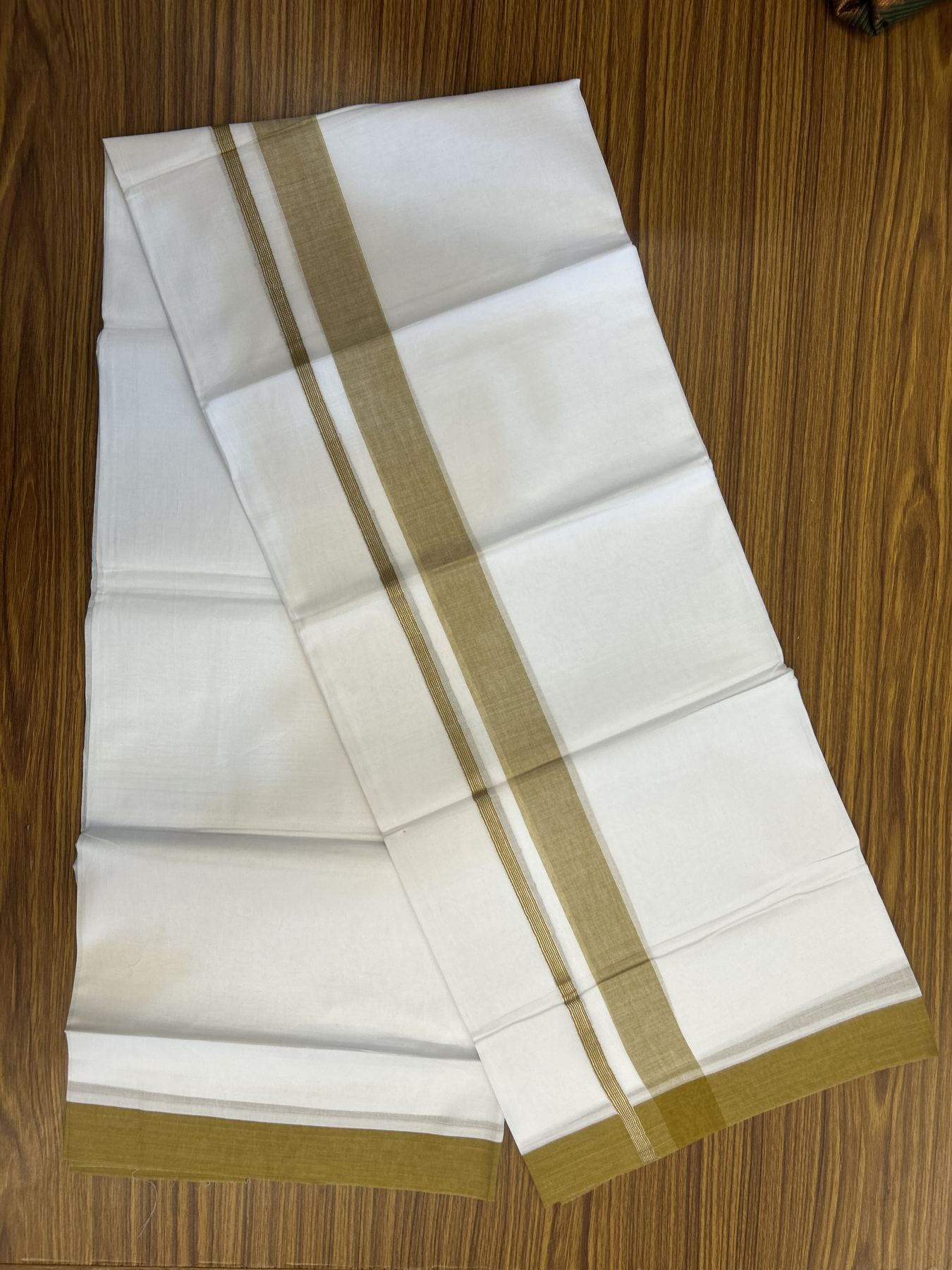 20% Discount! KaithariKada Balaramapuram 100% Cotton Double Pure white Mundu/Dhoti - 100X80 - 1.25 inch Silver Kasav Golden Brown shaded kara - 4 mtr ( 8.5 muzham) - 51 KK5341 VIN