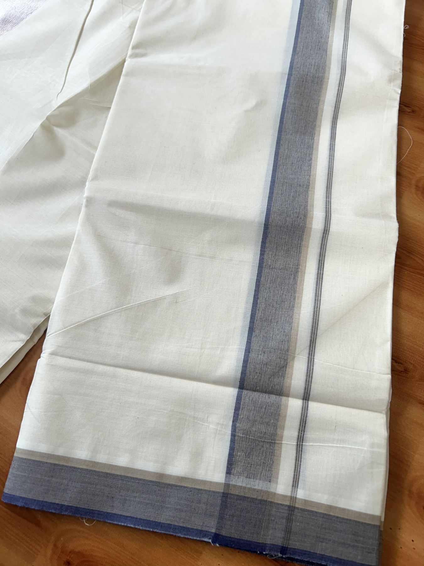 Double Off White (Unbleached) Mundu/Dhoti - 20% Discount! KaithariKada Pure Cotton - 100X80 - 1.5 inch Beige & Navy Blue Shaded Striped Kara 4 mtr (8.5 Muzham) - 80 KK5452 THI