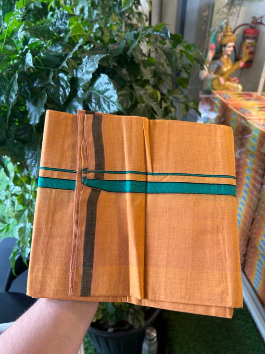 Handloom Single Hallmarked - 10% Discount !! KaithariKada 100% Pure Cotton - Mundu/Dhoti 0.5 inch Green & Black Kara with Kavi colour Body - (2 meter / 4 muzham) - 23 KK8032 ELA