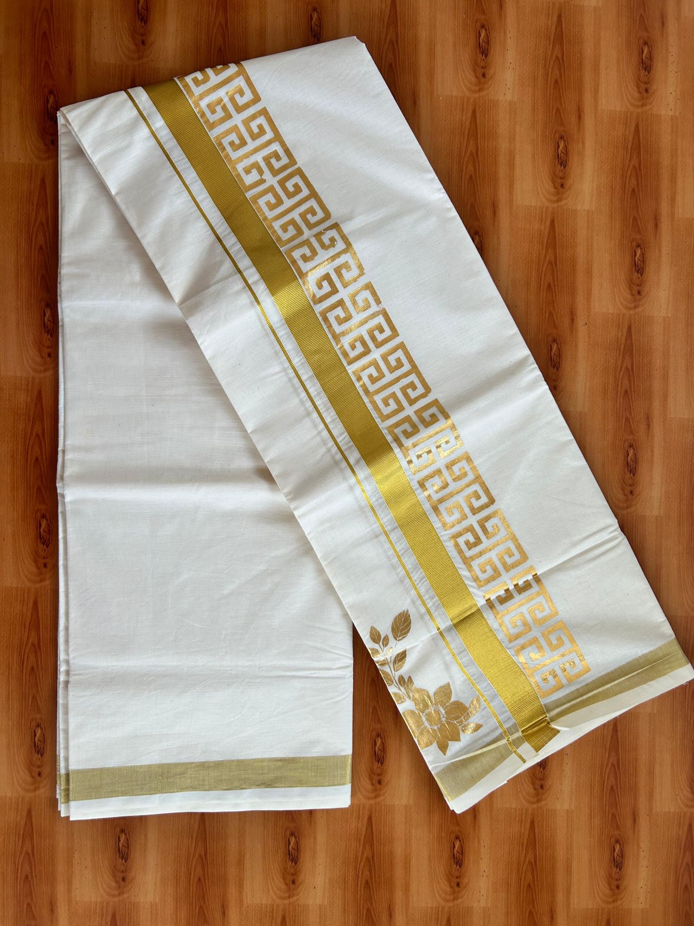 Double Off White (Unbleached) Mundu/Dhoti - 20% Discount!! KaithariKada Mixed Cotton (60s) - 3 inch Gold Kasav Printed Designer Kara 4 mtr (8.5 Muzham) - 1 KK5487 CKS