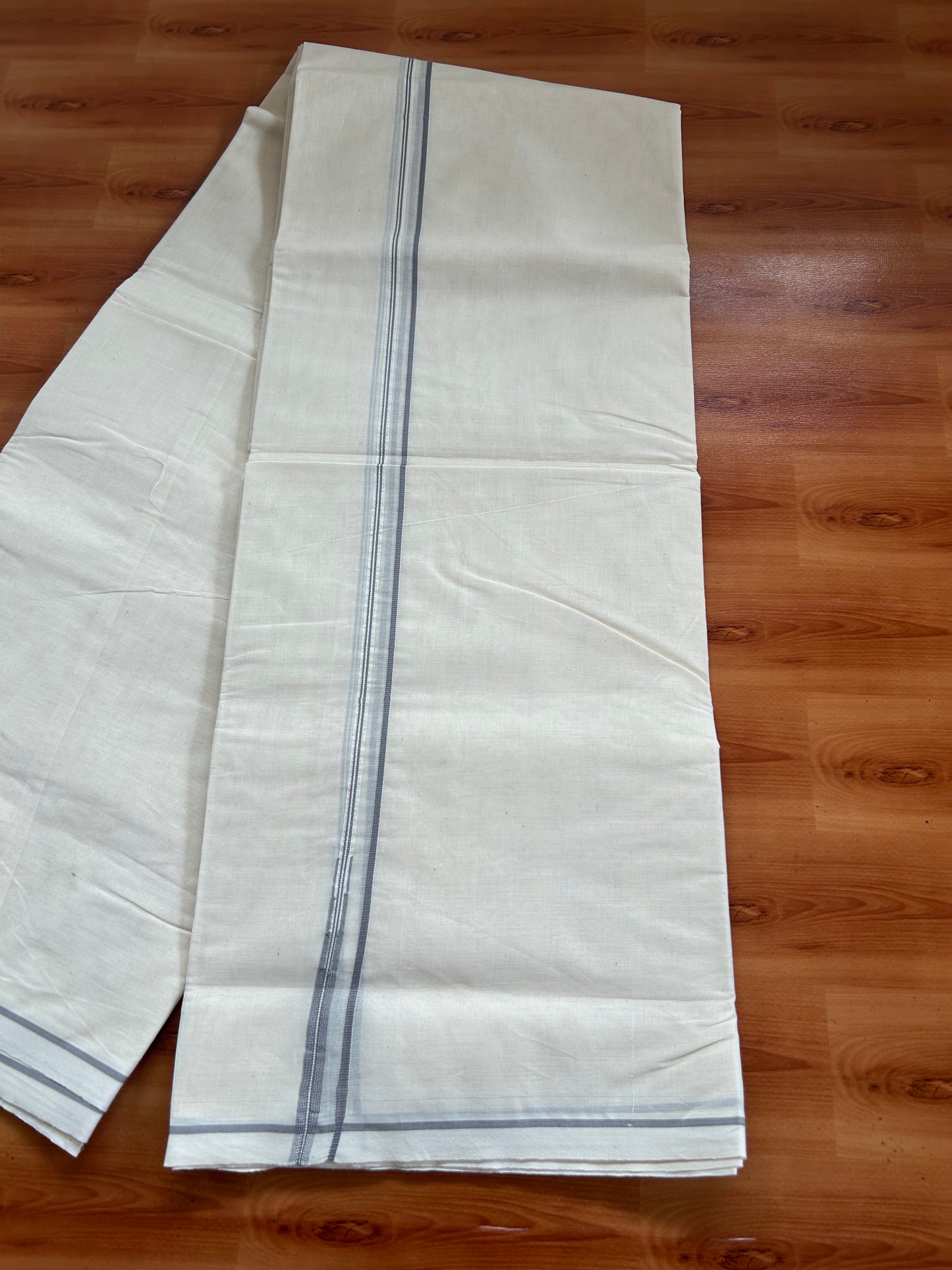 20% Discount! KaithariKada Balaramapuram 100% Cotton Double Off white Mundu/Dhoti- 100x100 - 0.3 cm Puliyilakkara Grey Chutty Kara - 4 mtr (8.5 muzham) - 12 KK5381 ASH