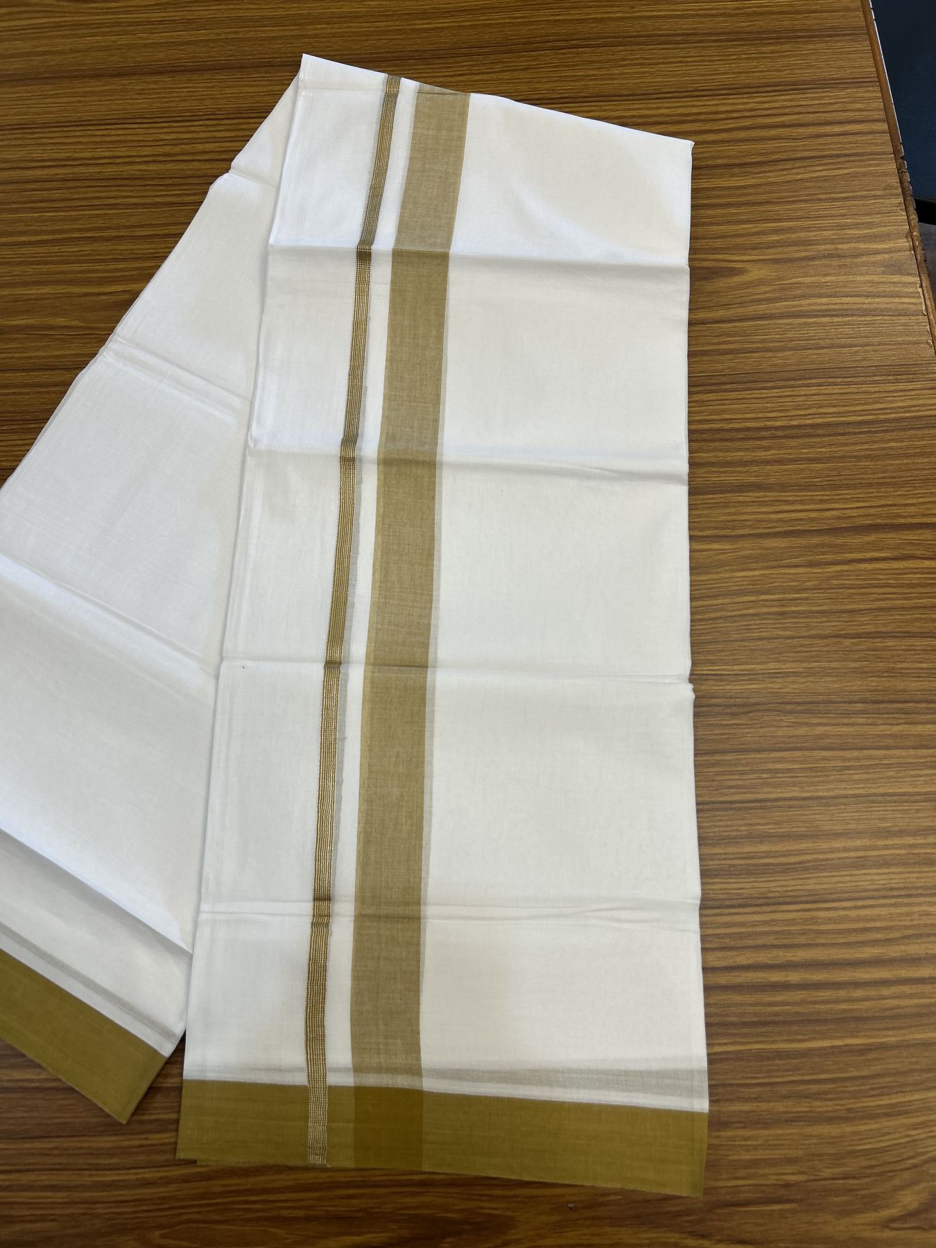 20% Discount! KaithariKada Balaramapuram 100% Cotton Double Pure white Mundu/Dhoti - 100X80 - 1.25 inch Silver Kasav Golden Brown shaded kara - 4 mtr ( 8.5 muzham) - 51 KK5341 VIN