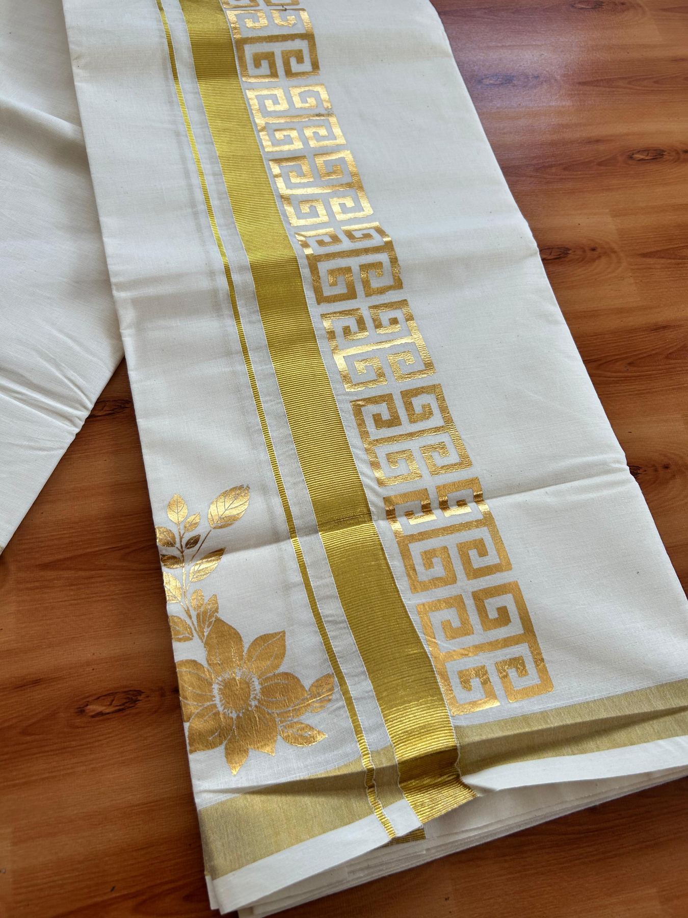 Double Off White (Unbleached) Mundu/Dhoti - 20% Discount!! KaithariKada Mixed Cotton (60s) - 3 inch Gold Kasav Printed Designer Kara 4 mtr (8.5 Muzham) - 1 KK5487 CKS
