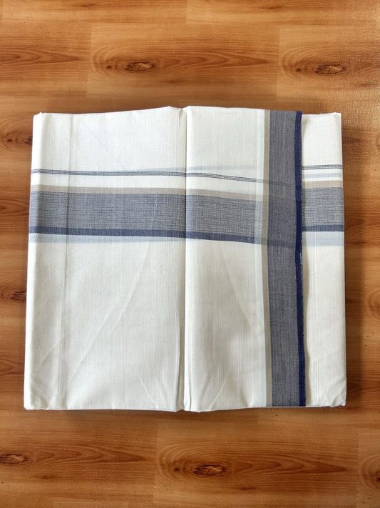 Double Off White (Unbleached) Mundu/Dhoti - 20% Discount! KaithariKada Pure Cotton - 100X80 - 1.5 inch Beige & Navy Blue Shaded Striped Kara 4 mtr (8.5 Muzham) - 81 KK5452 THI