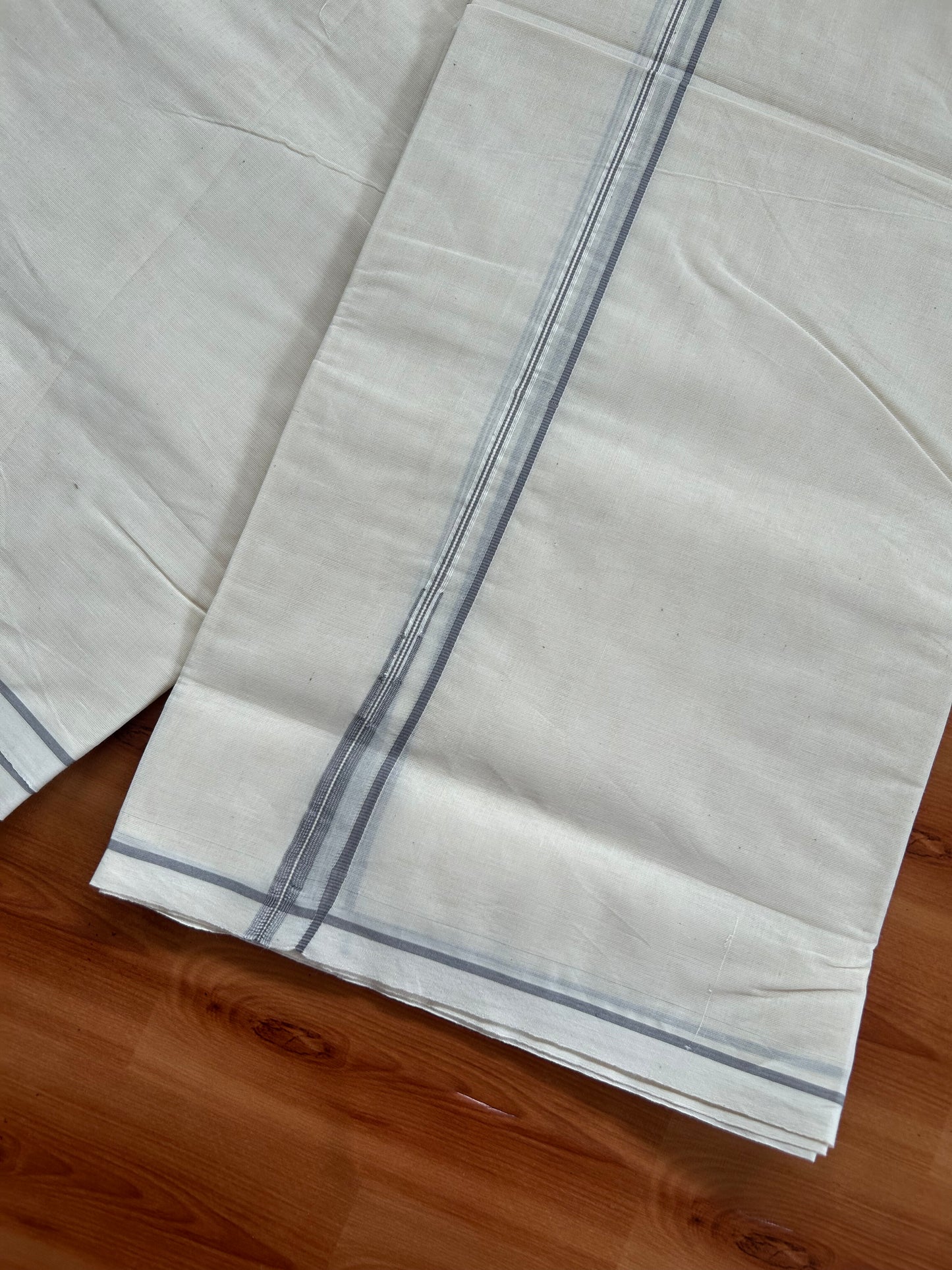 20% Discount! KaithariKada Balaramapuram 100% Cotton Double Off white Mundu/Dhoti- 100x100 - 0.3 cm Puliyilakkara Grey Chutty Kara - 4 mtr (8.5 muzham) - 12 KK5381 ASH