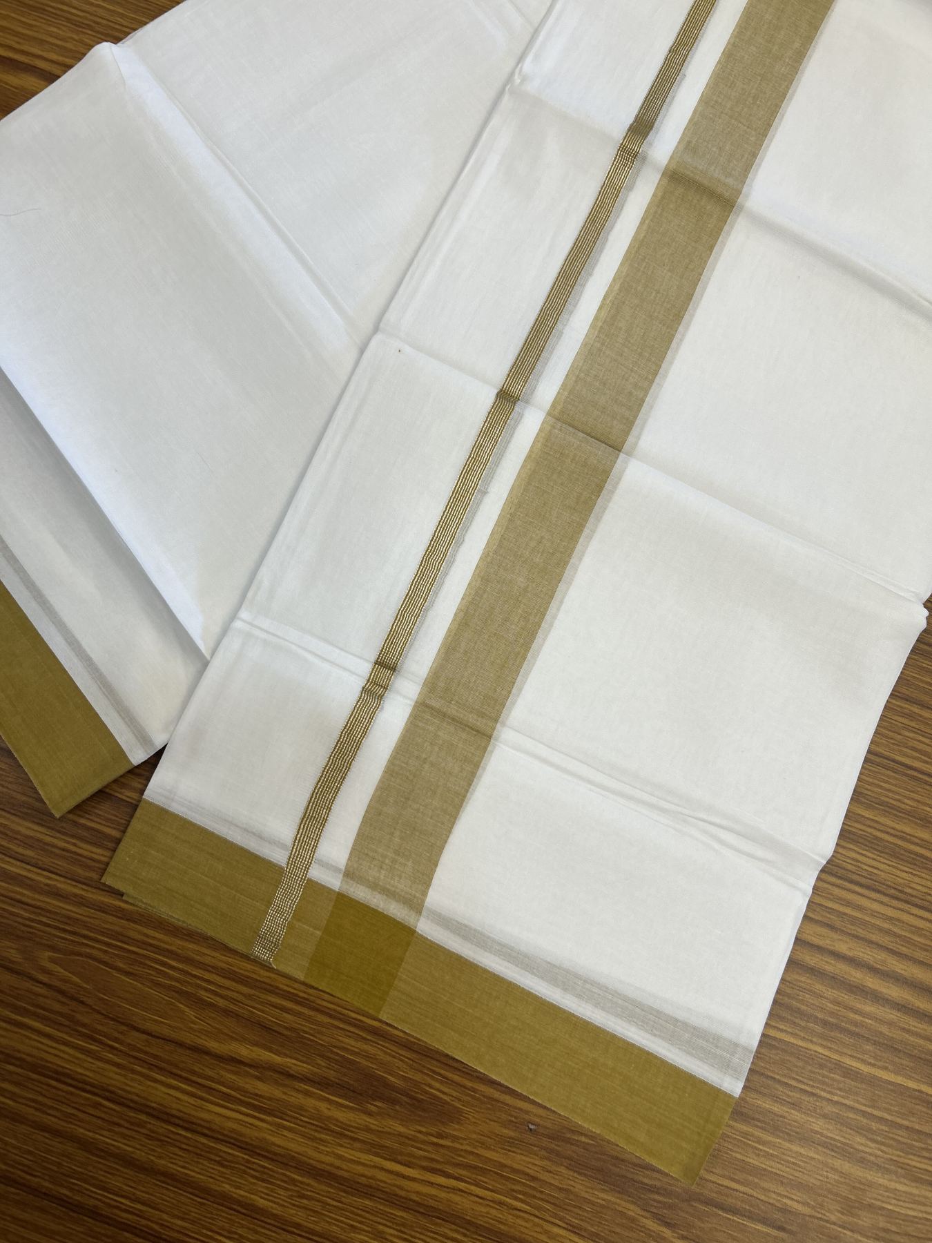 20% Discount! KaithariKada Balaramapuram 100% Cotton Double Pure white Mundu/Dhoti - 100X80 - 1.25 inch Silver Kasav Golden Brown shaded kara - 4 mtr ( 8.5 muzham) - 51 KK5341 VIN