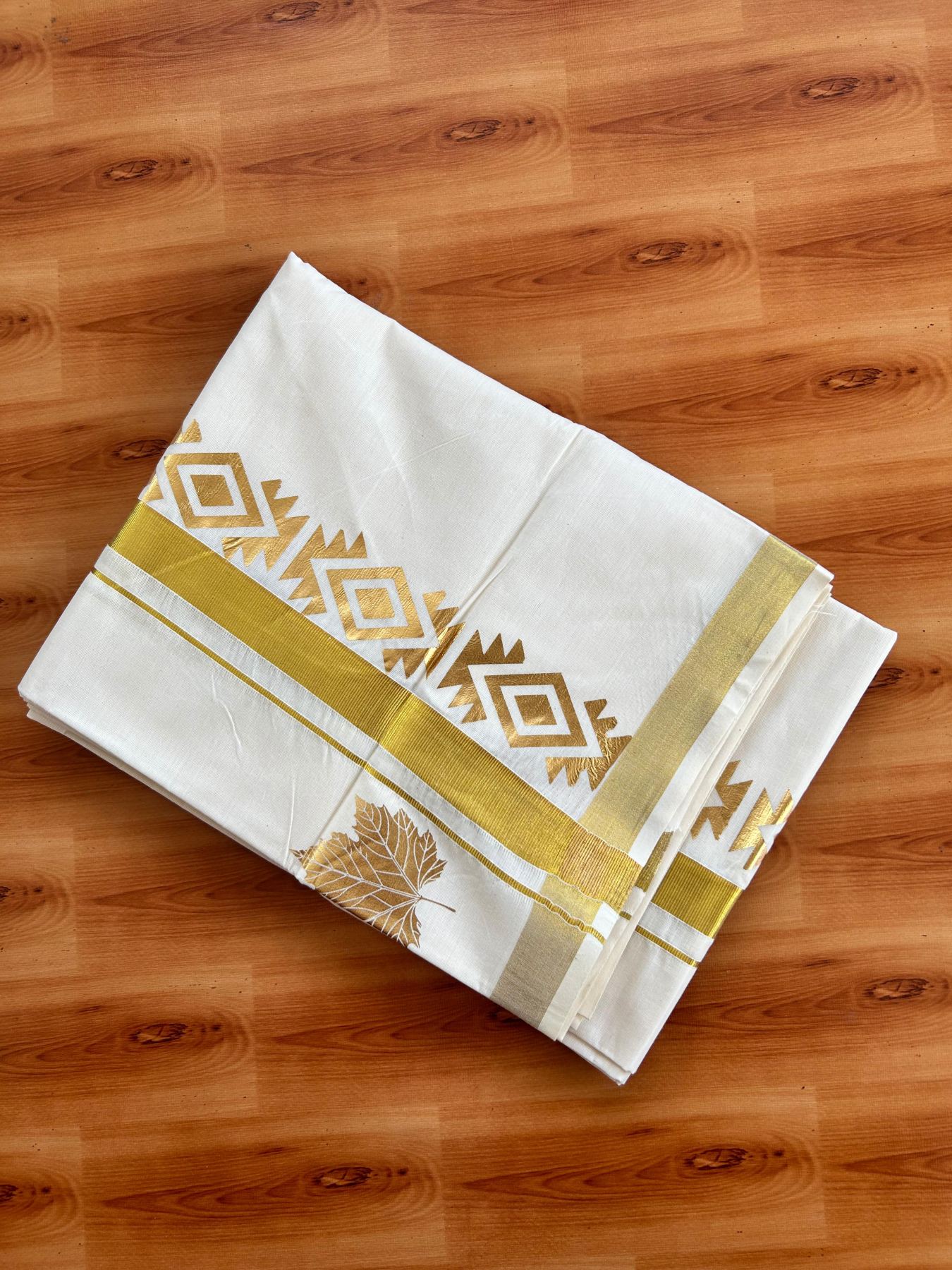Double Off White (Unbleached) Mundu/Dhoti - 20% Discount!! KaithariKada Mixed Cotton (60s) - 3 inch Gold Kasav Printed Designer Kara 4 mtr (8.5 Muzham) - 2 KK5487 CKS