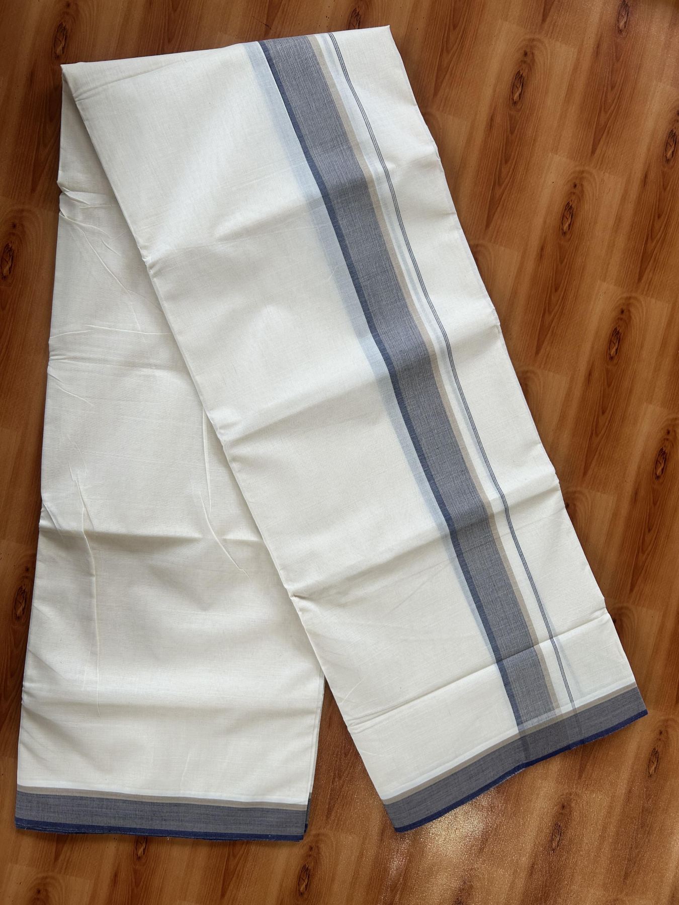 Double Off White (Unbleached) Mundu/Dhoti - 20% Discount! KaithariKada Pure Cotton - 100X80 - 1.5 inch Beige & Navy Blue Shaded Striped Kara 4 mtr (8.5 Muzham) - 81 KK5452 THI