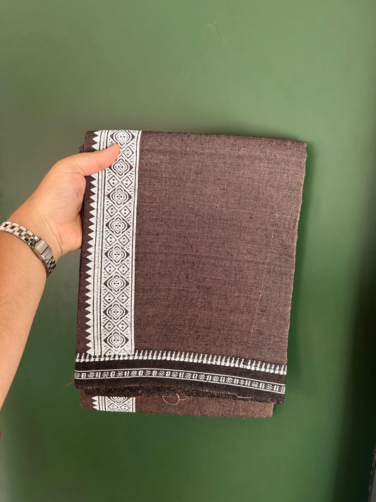 Kaitharikada - Single Kaily / Lungi - Mixed Cotton - 20s twisted - 1.5 inch White Printed kara with Dark Sand Brown & Black Shaded colour body (2 meter / 4 muzham) - 23 KK8082 SAT