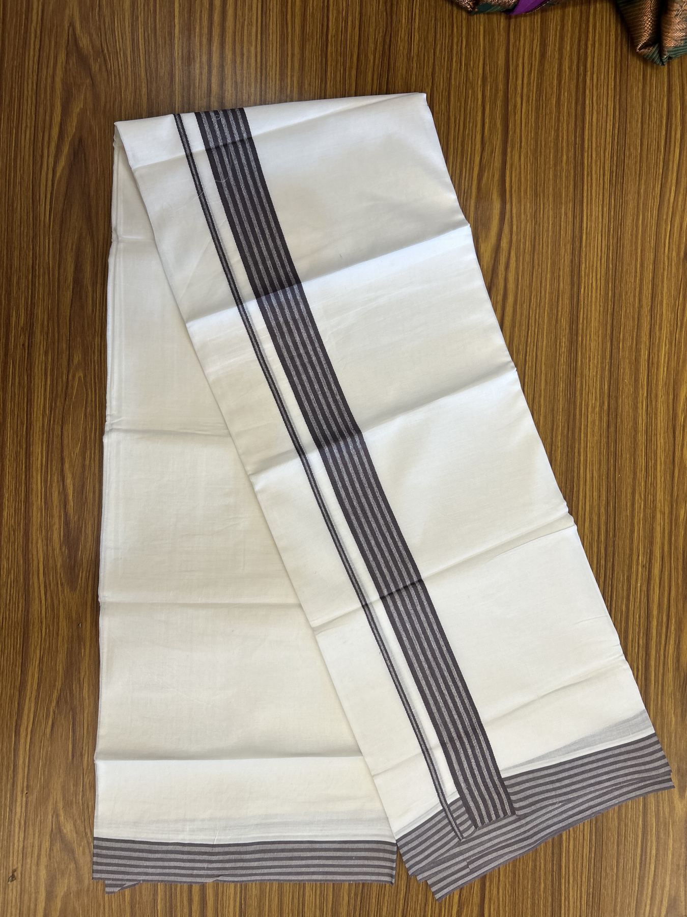 20% Discount! KaithariKada Balaramapuram 100% Cotton Double Pure white Mundu/Dhoti - 100X80 - 1.5 inch Chocolate Brown shaded Striped kara - 4 mtr ( 8.5 muzham) - 42 KK5341 VIN