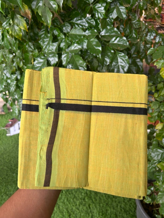 Handloom Single Hallmarked - 10% Discount !! KaithariKada 100% Pure Cotton - Mundu/Dhoti Yellow & Green Body - 0.5 inch Black Kara- (2 meter / 4 muzham)- 42 KK8032 ELA