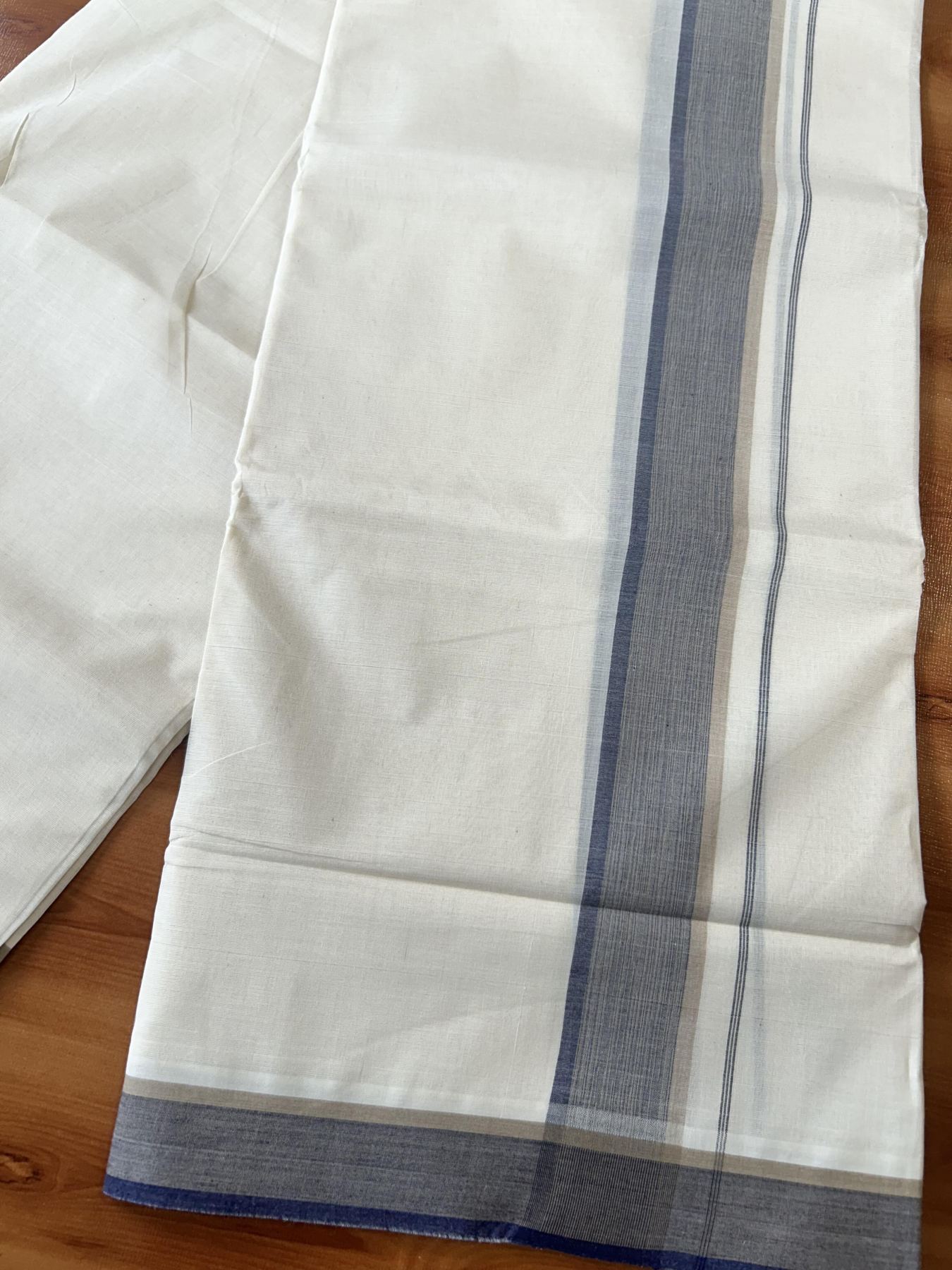 Double Off White (Unbleached) Mundu/Dhoti - 20% Discount! KaithariKada Pure Cotton - 100X80 - 1.5 inch Beige & Navy Blue Shaded Striped Kara 4 mtr (8.5 Muzham) - 81 KK5452 THI