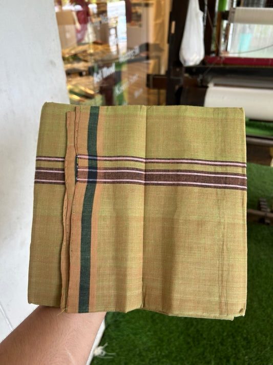 Handloom Single Hallmarked - 10% Discount !! KaithariKada 100% Pure Cotton - Mundu/Dhoti Yellow Green Body - 0.75 inch Marron Stripes Kara- (2 meter / 4 muzham) - 50 KK8032 ELA