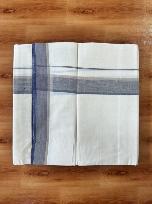 Double Off White (Unbleached) Mundu/Dhoti - 20% Discount! KaithariKada Pure Cotton - 100X80 - 1.5 inch Beige & Navy Blue Shaded Striped Kara 4 mtr (8.5 Muzham) - 82 KK5452 THI