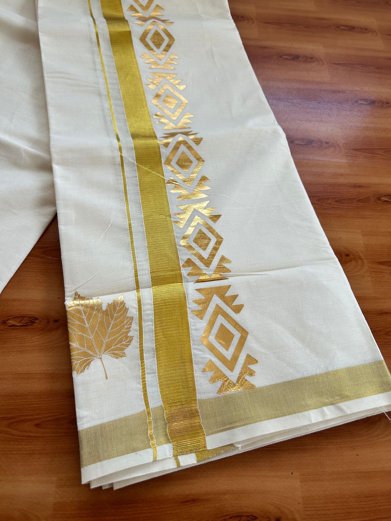 Double Off White (Unbleached) Mundu/Dhoti - 20% Discount!! KaithariKada Mixed Cotton (60s) - 3 inch Gold Kasav Printed Designer Kara 4 mtr (8.5 Muzham) - 2 KK5487 CKS