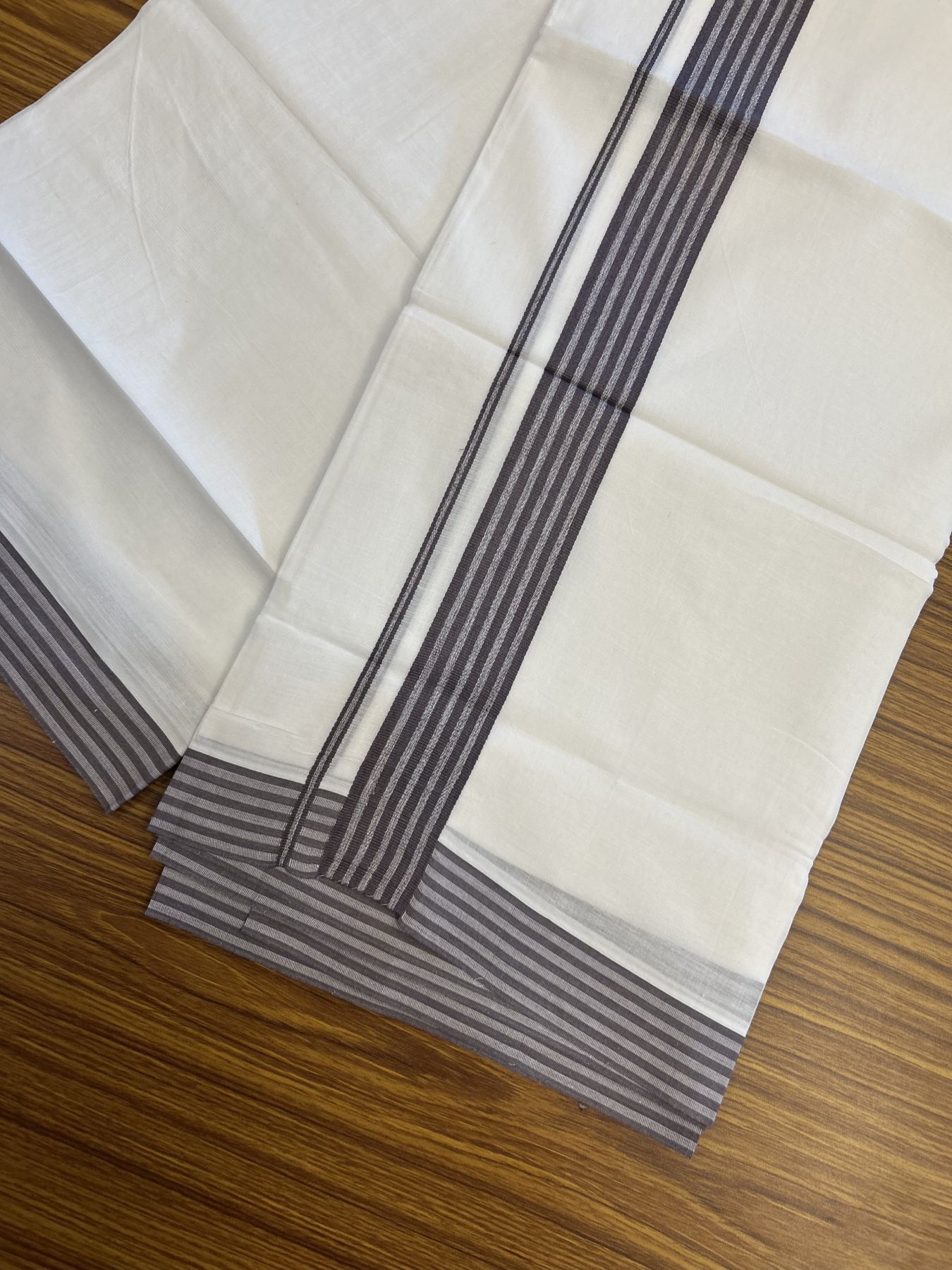 20% Discount! KaithariKada Balaramapuram 100% Cotton Double Pure white Mundu/Dhoti - 100X80 - 1.5 inch Chocolate Brown shaded Striped kara - 4 mtr ( 8.5 muzham) - 42 KK5341 VIN