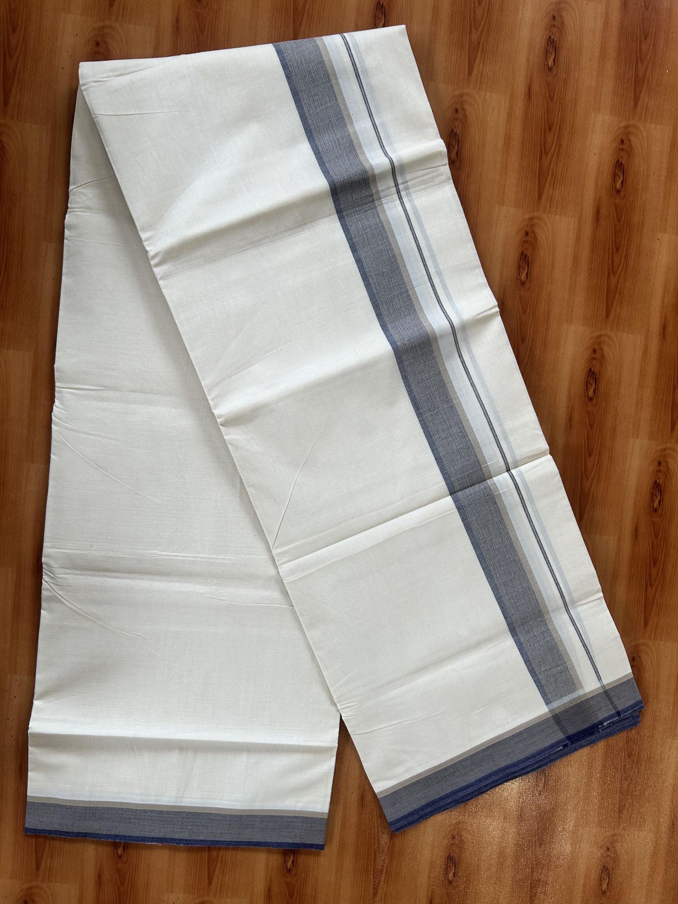 Double Off White (Unbleached) Mundu/Dhoti - 20% Discount! KaithariKada Pure Cotton - 100X80 - 1.5 inch Beige & Navy Blue Shaded Striped Kara 4 mtr (8.5 Muzham) - 82 KK5452 THI