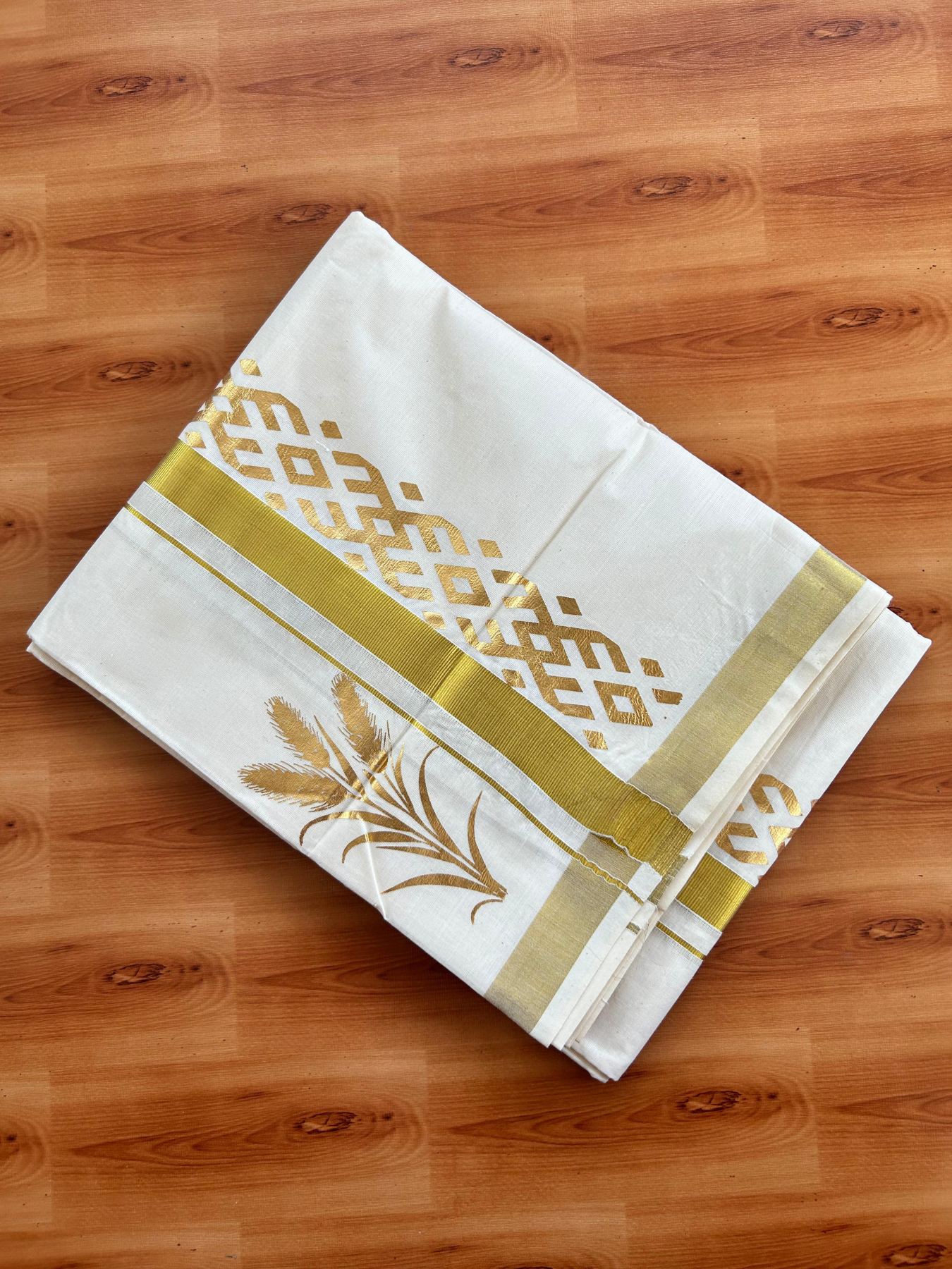 Double Off White (Unbleached) Mundu/Dhoti - 20% Discount!! KaithariKada Mixed Cotton (60s) - 3 inch Gold Kasav Printed Designer Kara 4 mtr (8.5 Muzham) - 3 KK5487 CKS