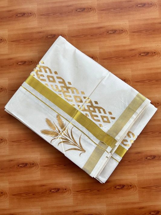 Double Off White (Unbleached) Mundu/Dhoti - 20% Discount!! KaithariKada Mixed Cotton (60s) - 3 inch Gold Kasav Printed Designer Kara 4 mtr (8.5 Muzham) - 3 KK5487 CKS