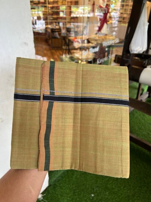 Handloom Single Hallmarked - 10% Discount !! KaithariKada 100% Pure Cotton - Mundu/Dhoti Yellow Green Body - 0.5 inch Black Stripes Kara- (2 meter / 4 muzham) - 49 KK8032 ELA