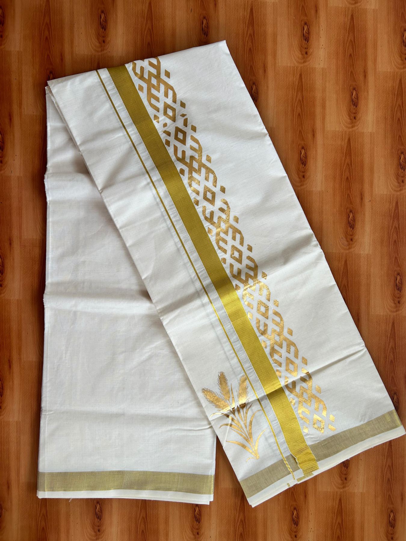 Double Off White (Unbleached) Mundu/Dhoti - 20% Discount!! KaithariKada Mixed Cotton (60s) - 3 inch Gold Kasav Printed Designer Kara 4 mtr (8.5 Muzham) - 3 KK5487 CKS