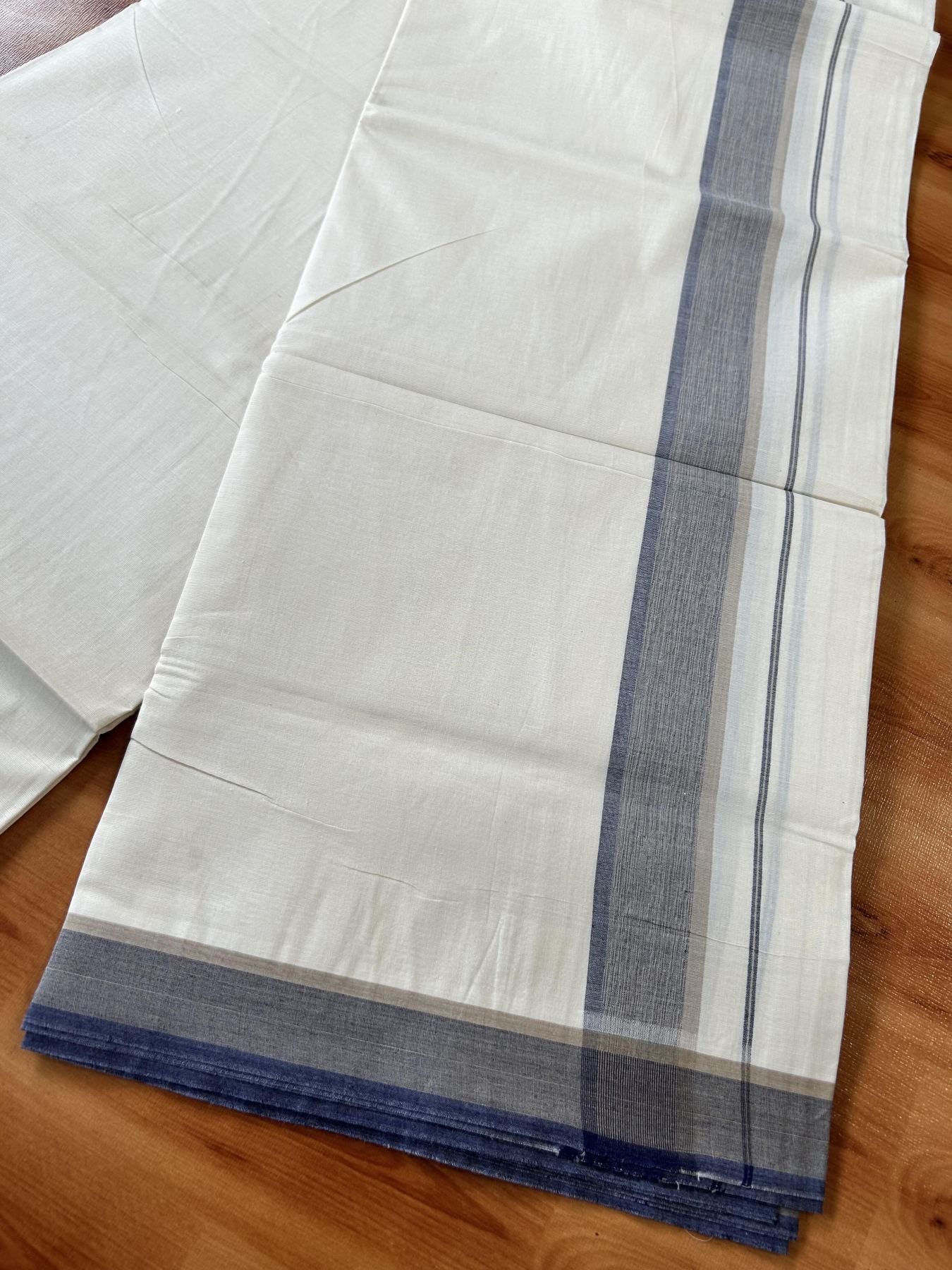Double Off White (Unbleached) Mundu/Dhoti - 20% Discount! KaithariKada Pure Cotton - 100X80 - 1.5 inch Beige & Navy Blue Shaded Striped Kara 4 mtr (8.5 Muzham) - 82 KK5452 THI