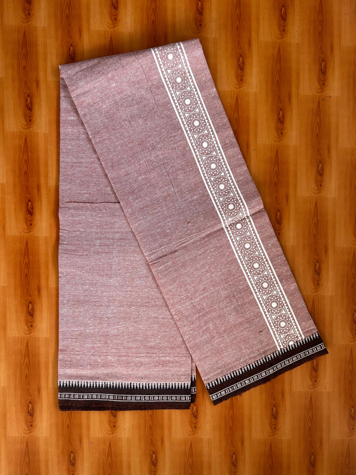 Kaitharikada - Single Kaily / Lungi - Mixed Cotton - 20s twisted - 2 inch White Printed kara with Peach Brown & White Shaded colour body (2 meter / 4 muzham) - 18 KK8082 SAT