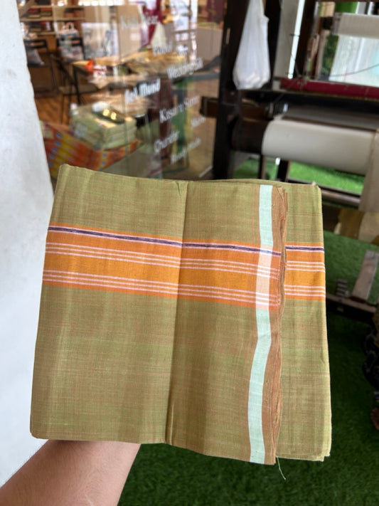 Handloom Single Hallmarked - 10% Discount !! KaithariKada 100% Pure Cotton - Mundu/Dhoti Yellow Green Body - 2 inch Orange & Violet Stripes Kara- (2 meter / 4 muzham) - 47 KK8032 ELA