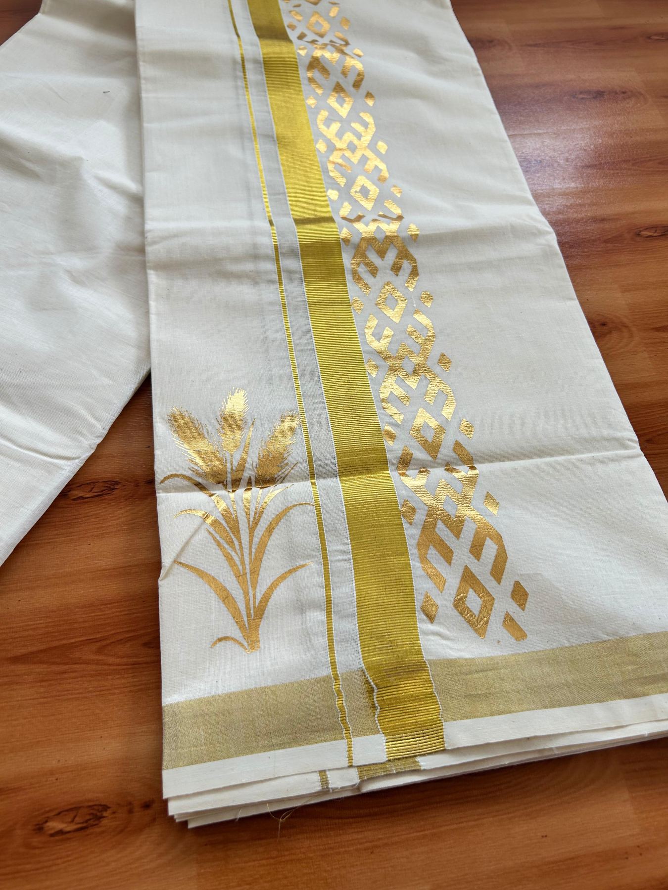 Double Off White (Unbleached) Mundu/Dhoti - 20% Discount!! KaithariKada Mixed Cotton (60s) - 3 inch Gold Kasav Printed Designer Kara 4 mtr (8.5 Muzham) - 3 KK5487 CKS