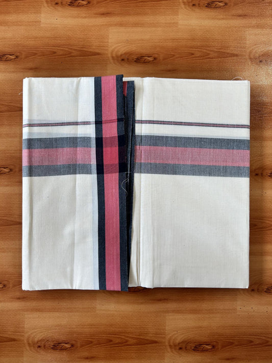 Double Off White (Unbleached) Mundu/Dhoti - 20% Discount! KaithariKada Pure Cotton - 100X80 - 1.75 inch Reddish Pink & Black Shaded  Kara 4 mtr (8.5 Muzham) - 92 KK5452 THI