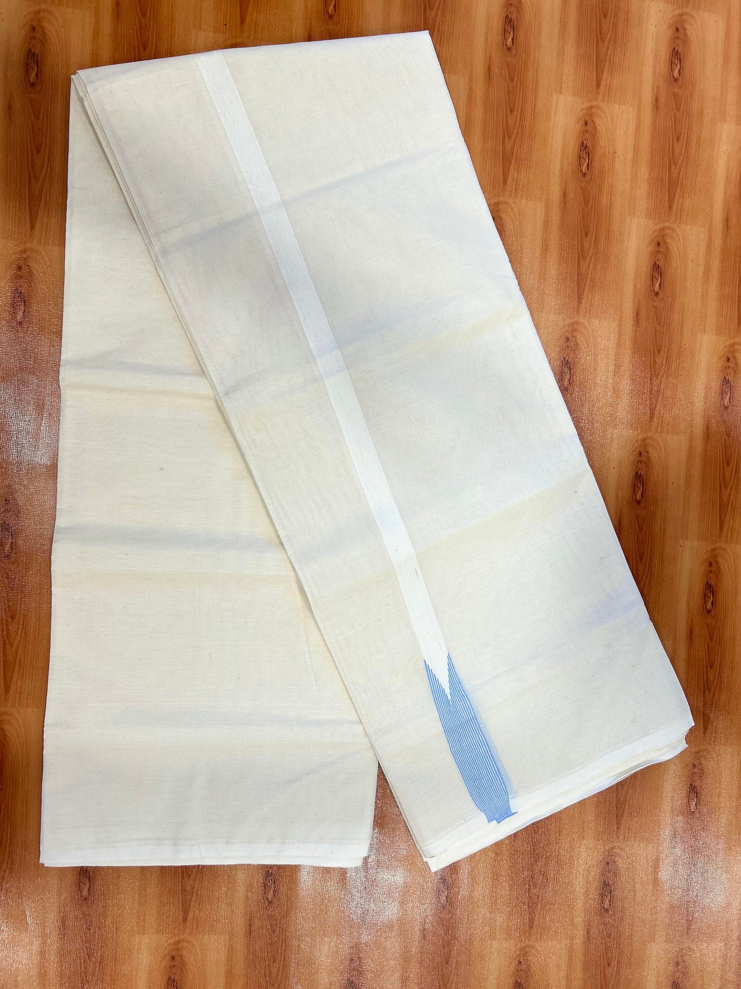 Double Off white Mundu/Dhoti - 20% Discount! KaithariKada Balaramapuram 100% Cotton - 100x100 - 0.75 inch Puliyilakkara Light Blue Striped Chutty Kara - 4 mtr (8.5 muzham) - 6 KK5401 ASH