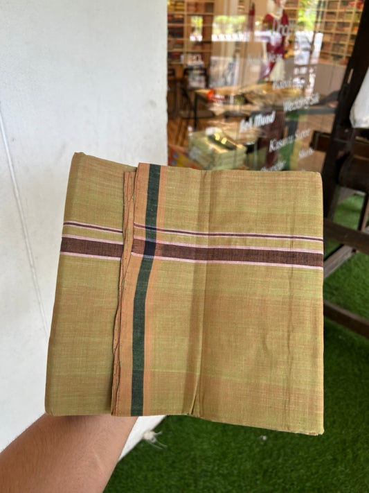 Handloom Single Hallmarked - 10% Discount !! KaithariKada 100% Pure Cotton - Mundu/Dhoti Yellow Green Body - 0.75 inch Maroon Stripes Kara- (2 meter / 4 muzham) - 48 KK8032 ELA