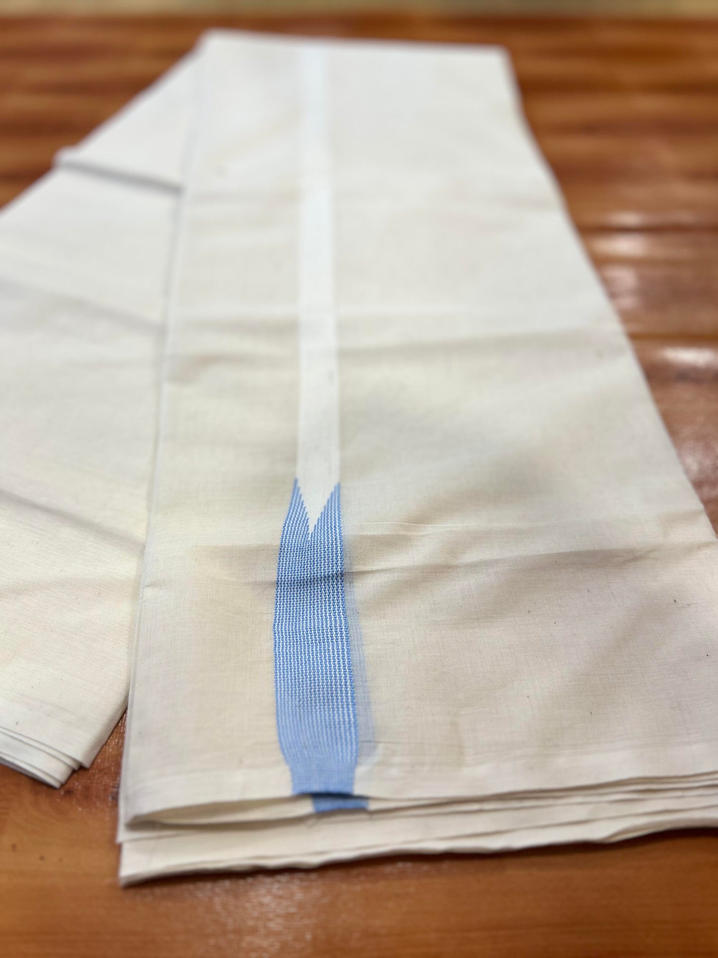 Double Off white Mundu/Dhoti - 20% Discount! KaithariKada Balaramapuram 100% Cotton - 100x100 - 0.75 inch Puliyilakkara Light Blue Striped Chutty Kara - 4 mtr (8.5 muzham) - 6 KK5401 ASH