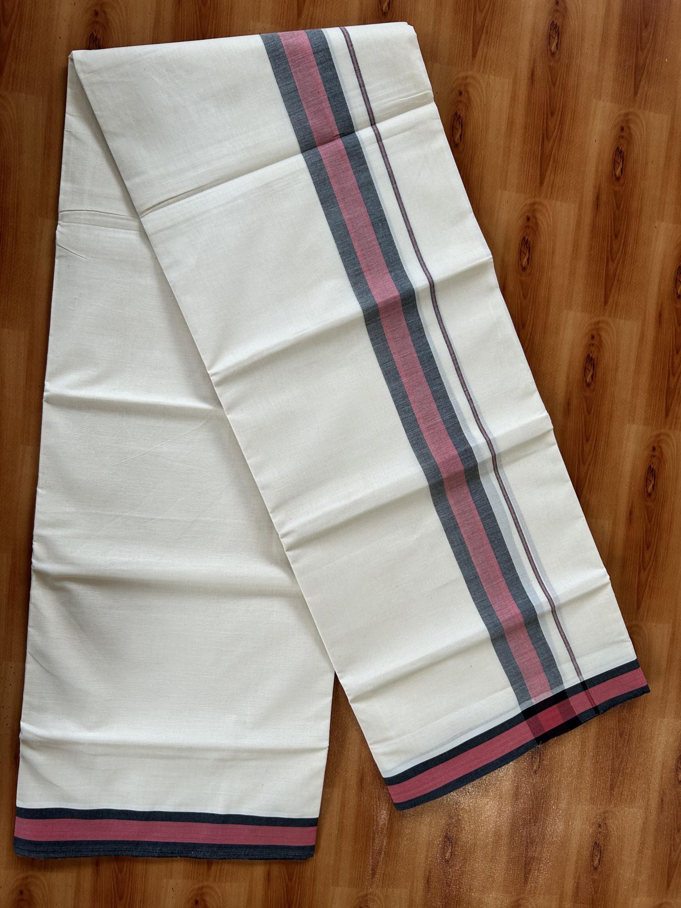 Double Off White (Unbleached) Mundu/Dhoti - 20% Discount! KaithariKada Pure Cotton - 100X80 - 1.75 inch Reddish Pink & Black Shaded  Kara 4 mtr (8.5 Muzham) - 92 KK5452 THI