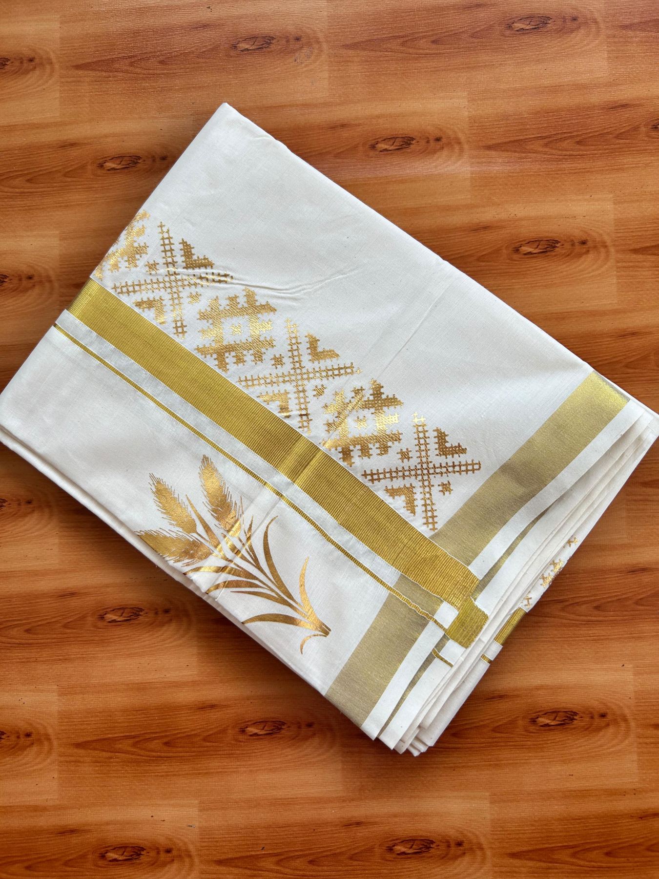 Double Off White (Unbleached) Mundu/Dhoti - 20% Discount!! KaithariKada Mixed Cotton (60s) - 3 inch Gold Kasav Printed Designer Kara 4 mtr (8.5 Muzham) - 4 KK5487 CKS