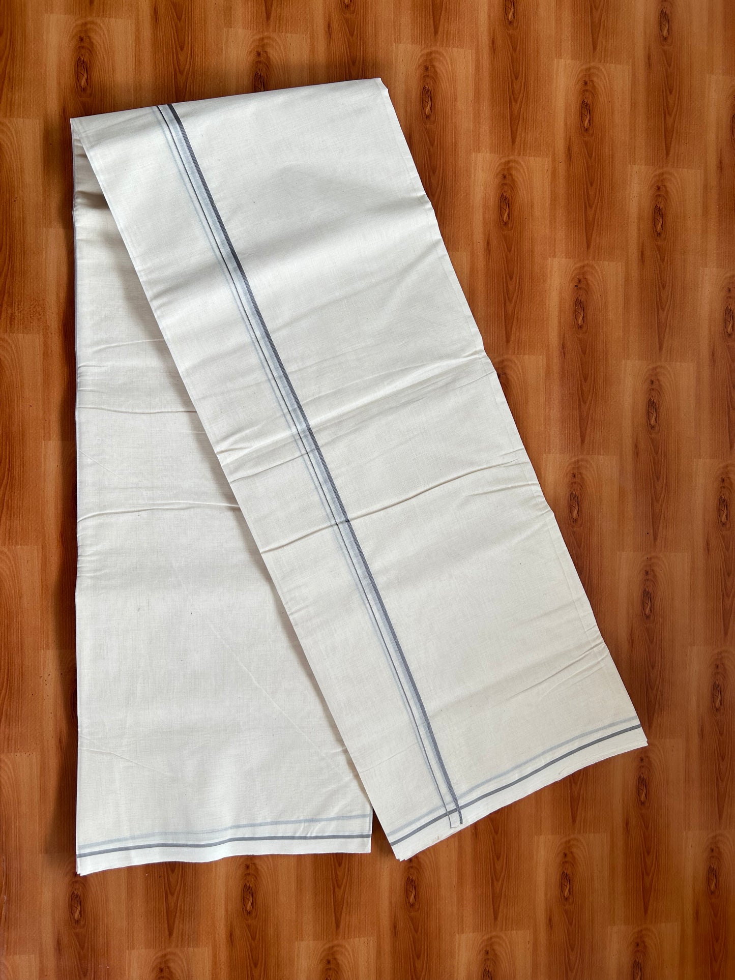 20% Discount! KaithariKada Balaramapuram 100% Cotton Double Off white Mundu/Dhoti- 100x100 - 0.3 cm Grey Kara - 4 mtr (8.5 muzham) - 13 KK5381 ASH