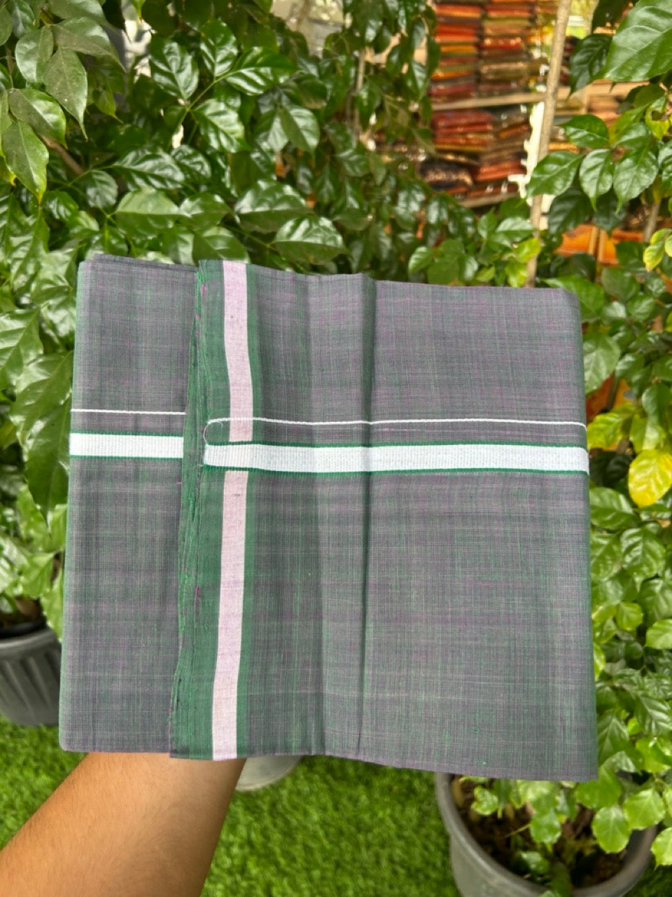 Handloom Single Hallmarked - 10% Discount !! KaithariKada 100% Pure Cotton - Mundu/Dhoti Purple Dark Green Body - 0.5 inch White Kara- (2 meter / 4 muzham) - 45 KK8032 ELA