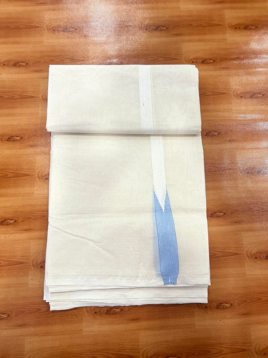 Double Off white Mundu/Dhoti - 23% Discount! KaithariKada Balaramapuram 100% Cotton - 100x100 - 0.75 inch Puliyilakkara Light Blue Striped Chutty Kara - 4 mtr (8.5 muzham) - 6 KK5401 ASH