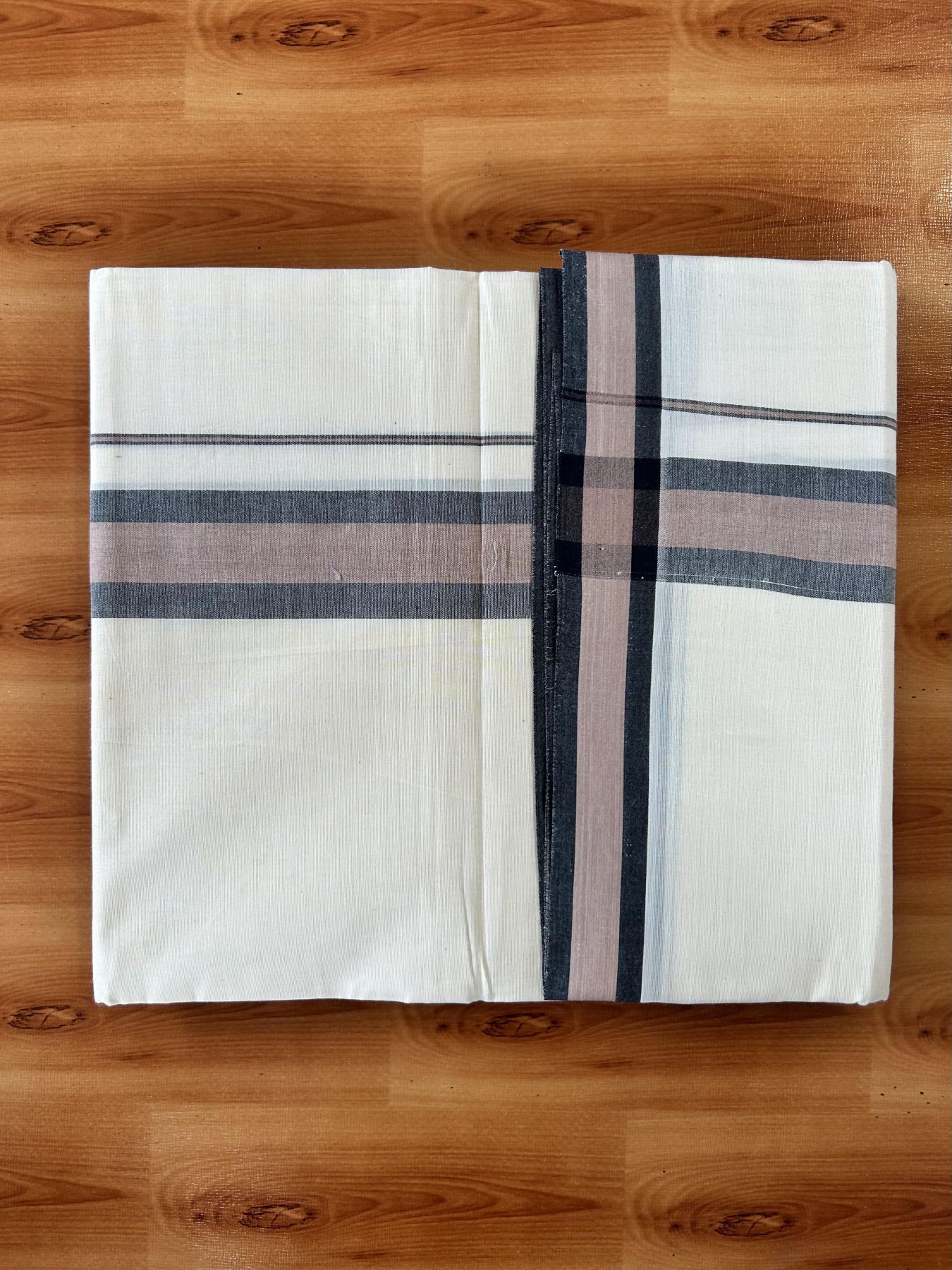 Double Off White (Unbleached) Mundu/Dhoti - 20% Discount! KaithariKada Pure Cotton - 100X80 - 1.75 inch Peach Brown & Black Shaded  Kara 4 mtr (8.5 Muzham) - 91 KK5452 THI