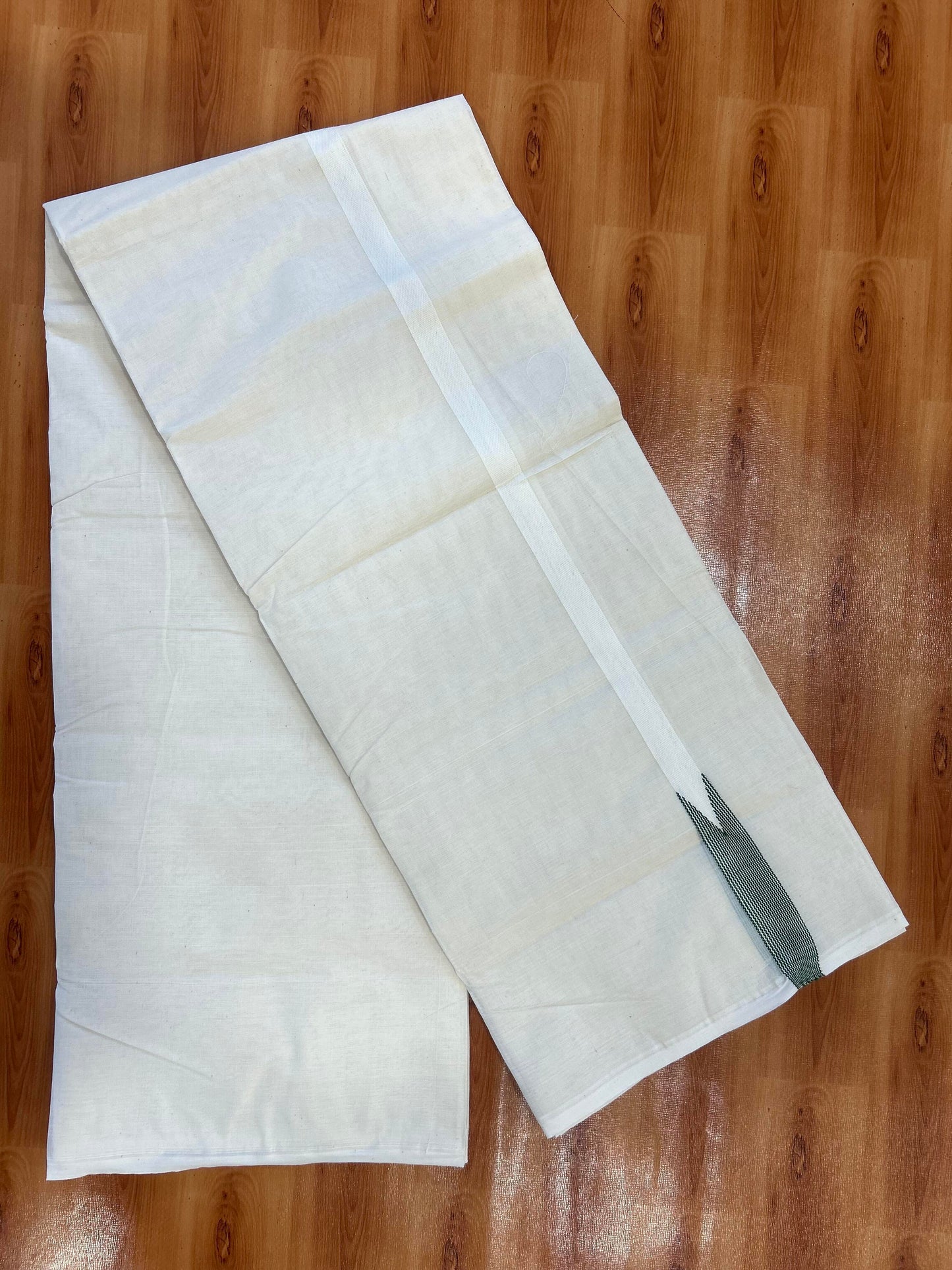 Double Off white Mundu/Dhoti - 20% Discount! KaithariKada Balaramapuram 100% Cotton - 100x100 - 0.75 inch Puliyilakkara Green Striped Chutty Kara - 4 mtr (8.5 muzham) - 7 KK5401 ASH
