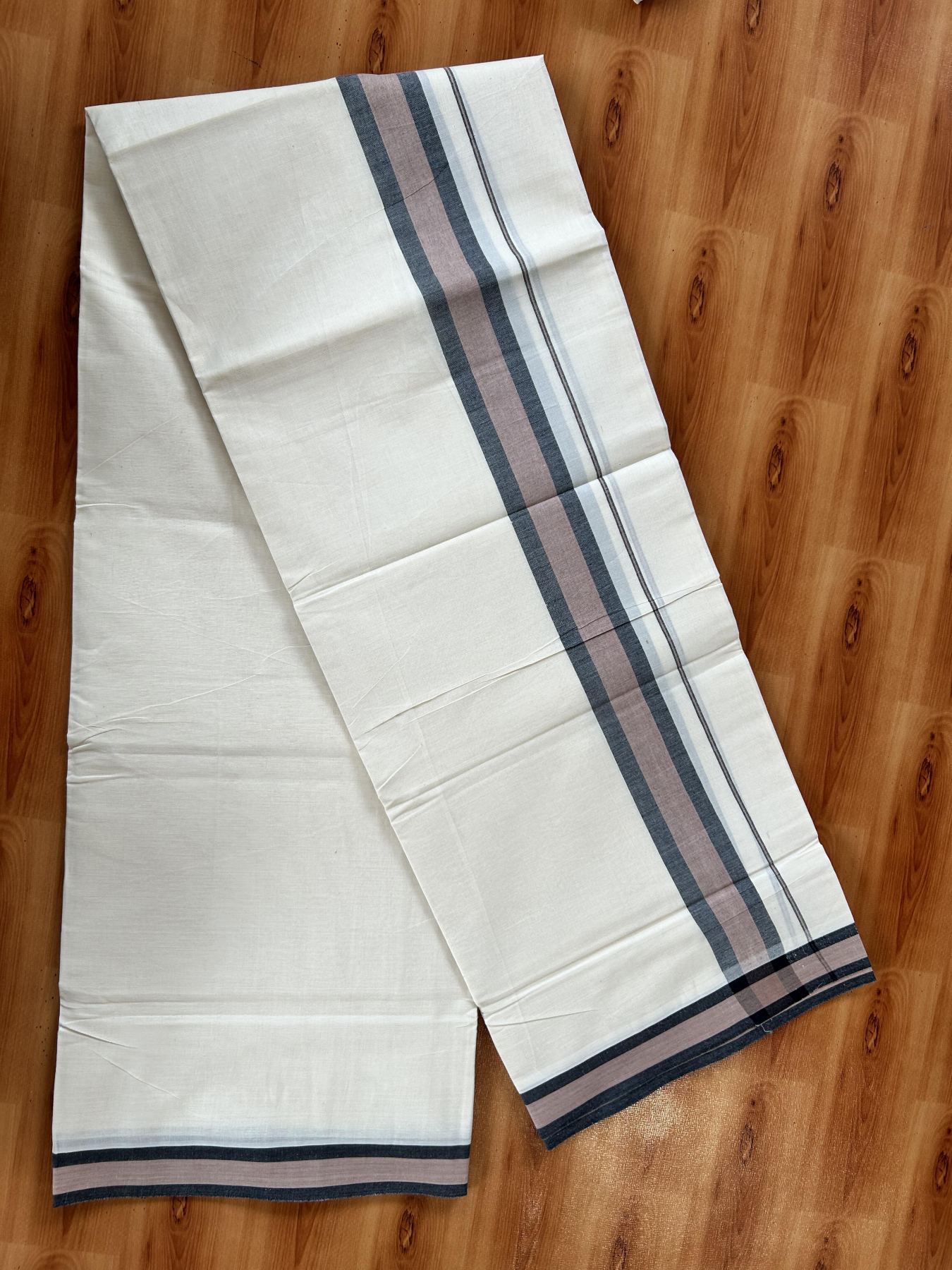 Double Off White (Unbleached) Mundu/Dhoti - 20% Discount! KaithariKada Pure Cotton - 100X80 - 1.75 inch Peach Brown & Black Shaded  Kara 4 mtr (8.5 Muzham) - 91 KK5452 THI