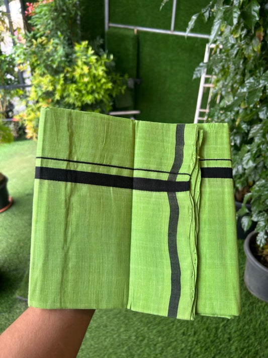 Handloom Single Hallmarked - 10% Discount !! KaithariKada 100% Pure Cotton - Mundu/Dhoti Parrot Green Body & 0.5 inch Black Kara- (2 meter / 4 muzham)- 41 KK8032 ELA