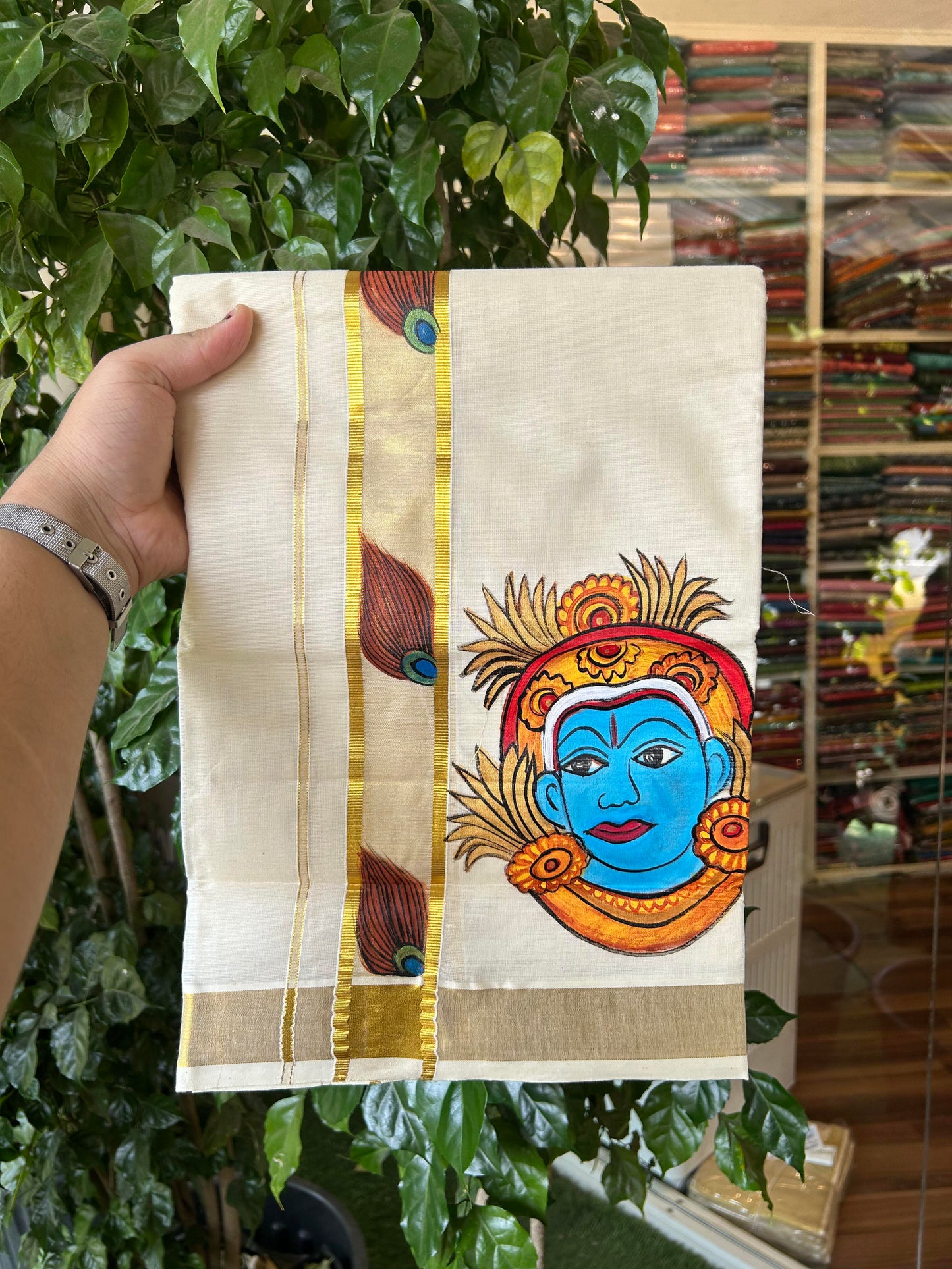 20% Discount! KaithariKada Balaramapuram 100% Cotton off white Double - (Unbleached) Mundu/Dhoti (80s) - 1.75 Inch Gold Kasavu Hand Painted Peacock Feather & Krishna - 34 KK5363 VIN