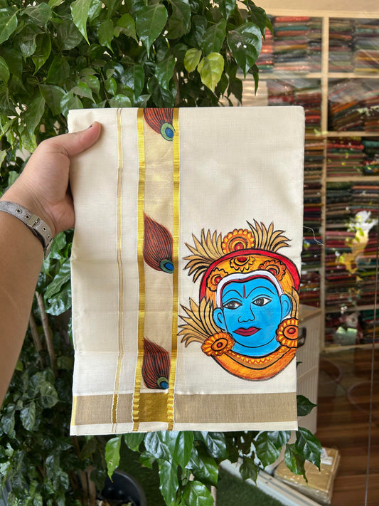 20% Discount! KaithariKada Balaramapuram 100% Cotton off white Double - (Unbleached) Mundu/Dhoti (80s) - 1.75 Inch Gold Kasavu Hand Painted Peacock Feather & Krishna - 34 KK5363 VIN