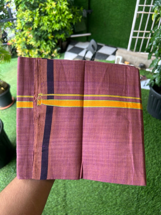 Handloom Single Hallmarked - 10% Discount !! KaithariKada 100% Pure Cotton - Mundu/Dhoti - Onion Pink Body - 0.5 inch Orange & Light Green Stripes Kara- (2 meter / 4 muzham) - 55 KK8032 ELA
