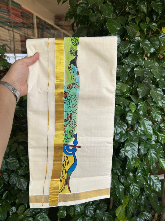 20% Discount! KaithariKada Balaramapuram 100% Cotton off white Double - (Unbleached) Mundu/Dhoti (80s) - 1 Inch Gold Kasavu Hand Painted Cloud Sun & Krishna - 31 KK5363 VIN
