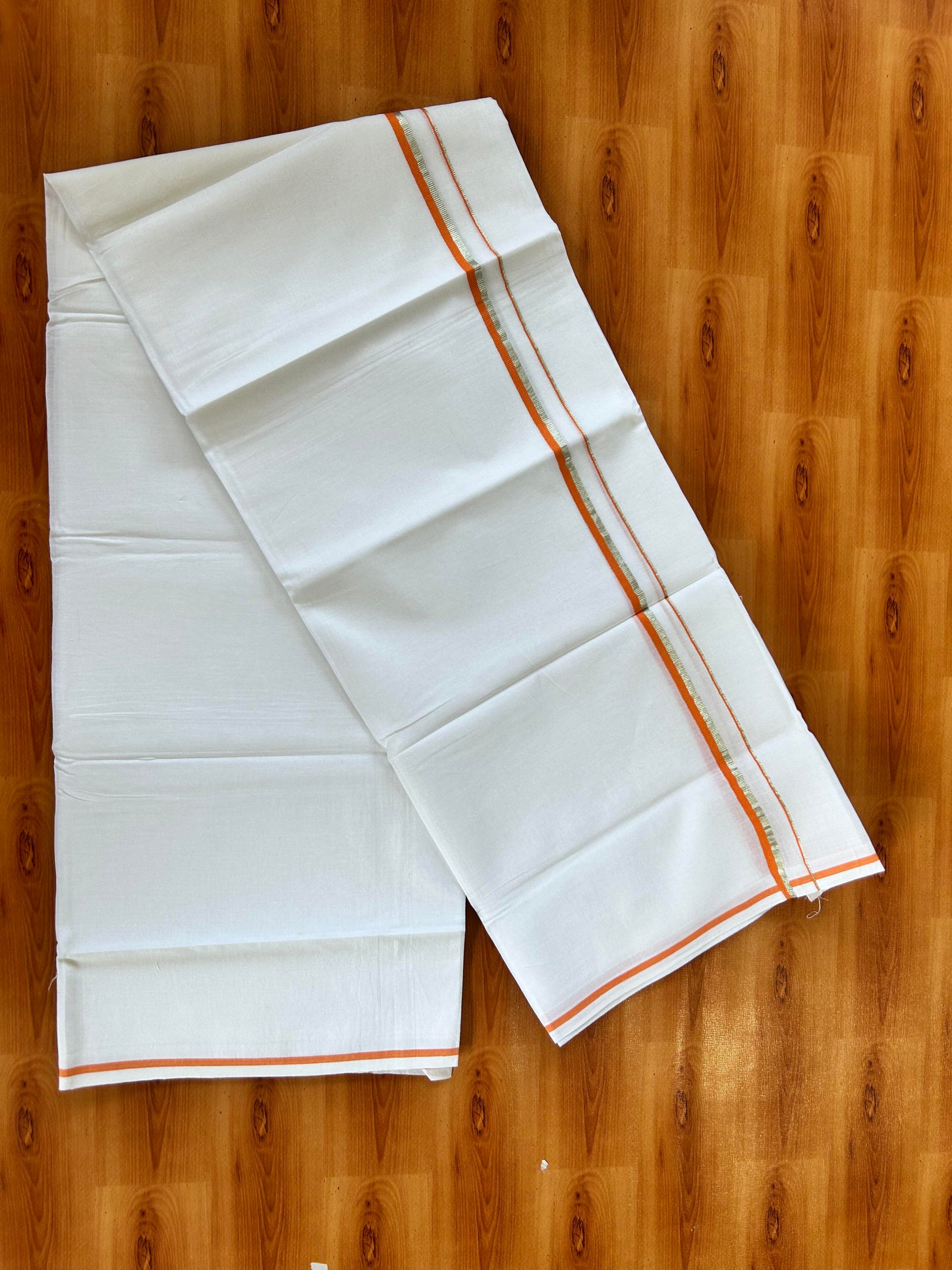 Pure White Double Mundu/Dhoti - 20% Discount ! Kaitharikada 100% Cotton - 100x80 - 1 cm Silver Kasav & Light Orange Stripes Kara 3.80 mtr (8 muzham) - 30 KK5456 THI