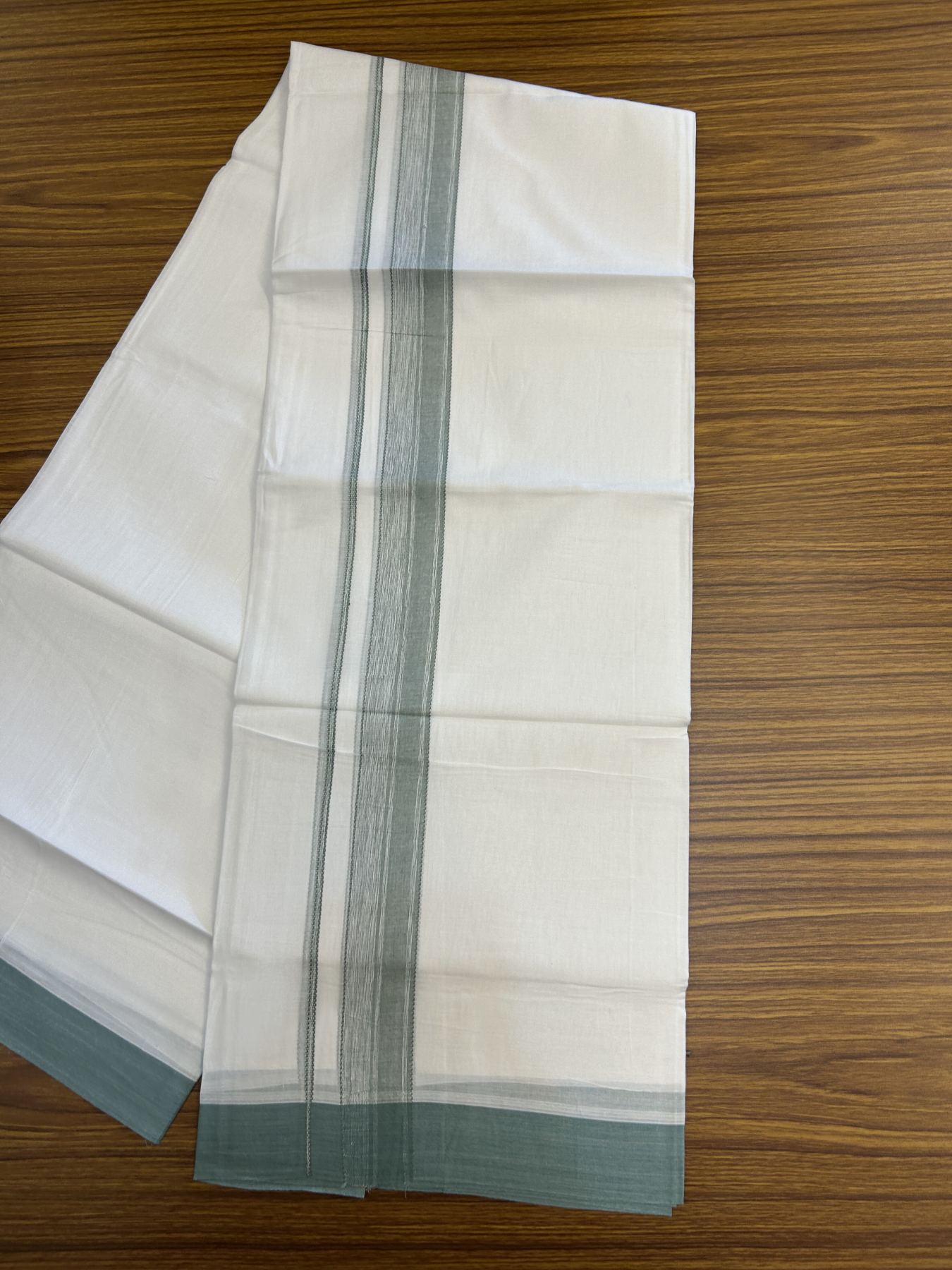 20% Discount! KaithariKada Balaramapuram 100% Cotton Double Pure white Mundu/Dhoti- 100X80 - 1.5 inch Teal Green Shaded Kara - 4 mtr ( 8.5 muzham) - 36 KK5341 VIN