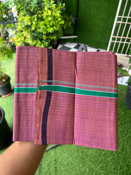 Handloom Single Hallmarked - 10% Discount !! KaithariKada 100% Pure Cotton - Mundu/Dhoti - Onion Pink Body - 0.5 inch Dark Green Stripes Kara- (2 meter / 4 muzham) - 54 KK8032 ELA