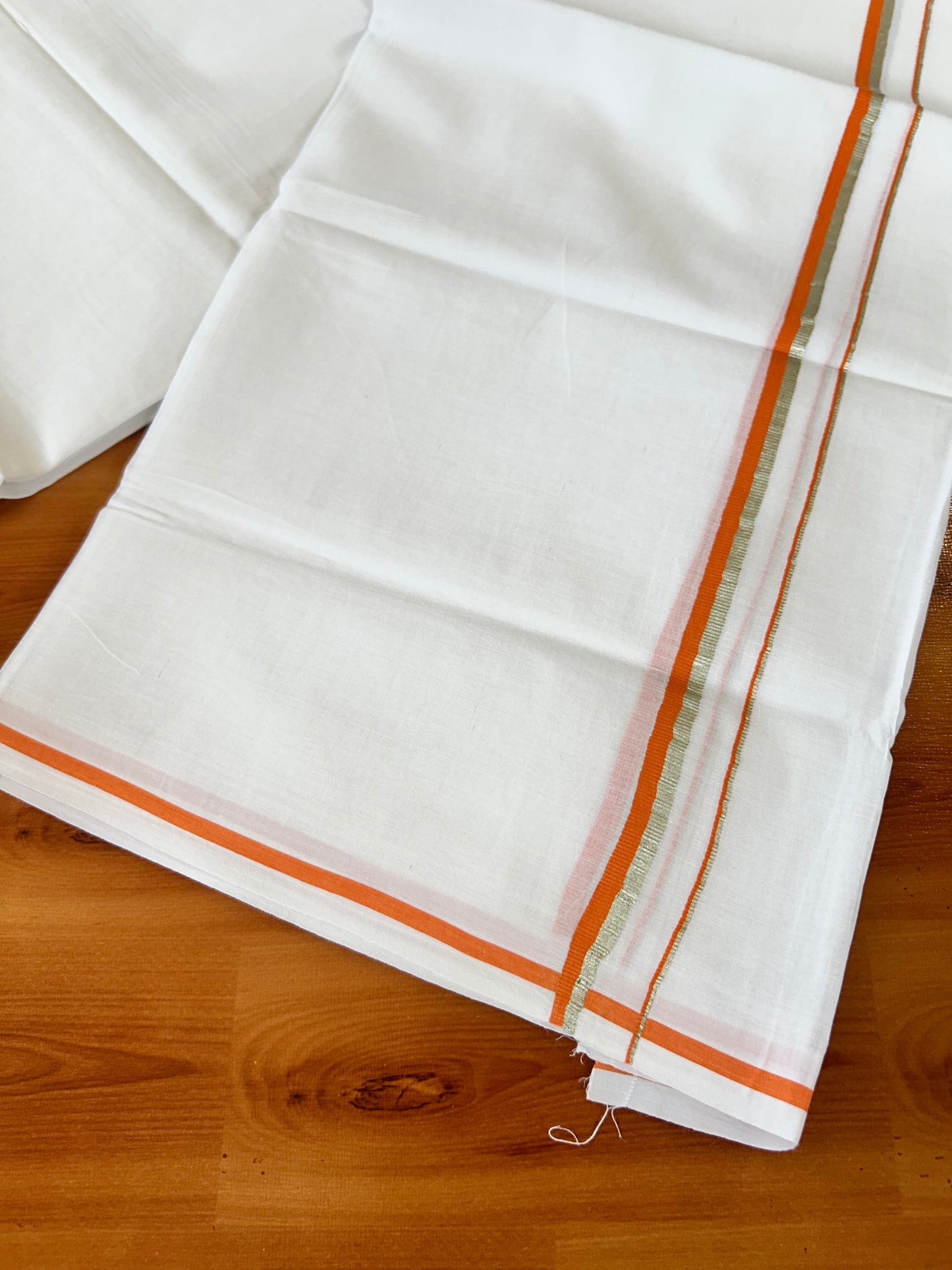 Pure White Double Mundu/Dhoti - 20% Discount ! Kaitharikada 100% Cotton - 100x80 - 1 cm Silver Kasav & Light Orange Stripes Kara 3.80 mtr (8 muzham) - 30 KK5456 THI